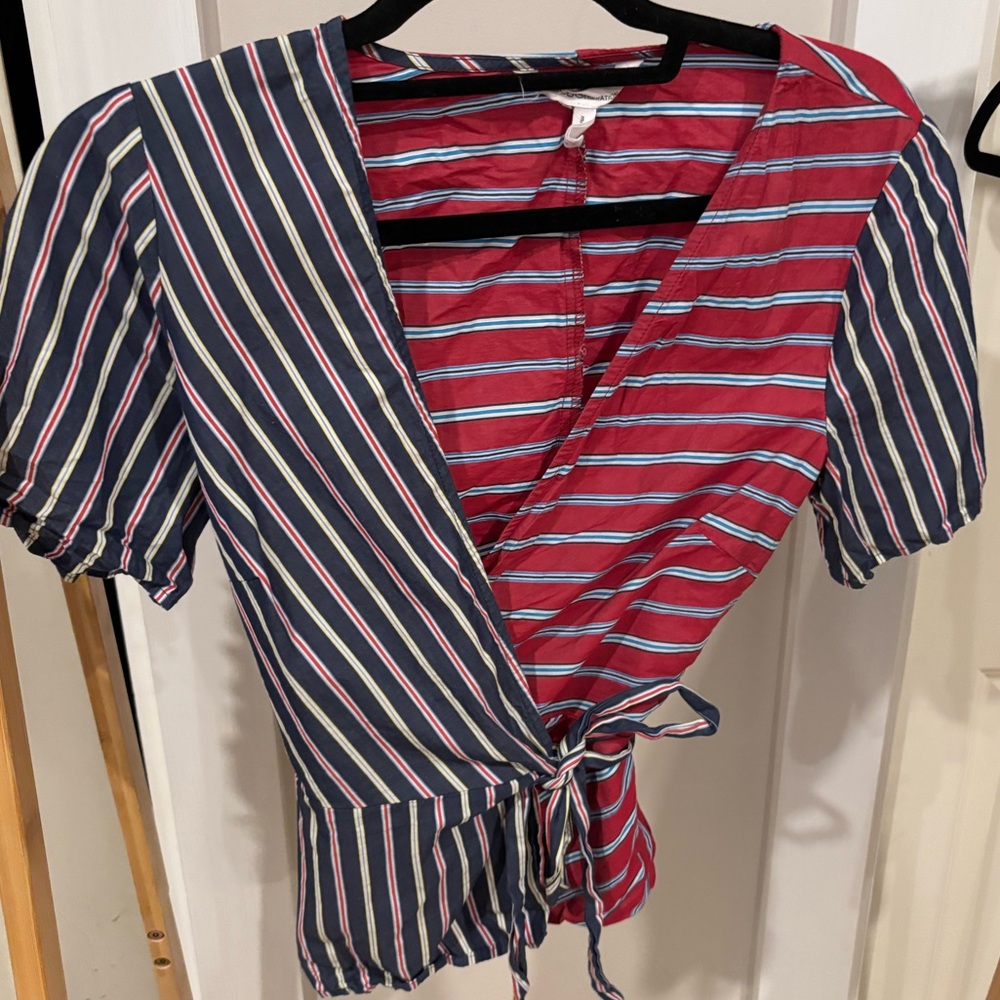 BCBGeneration Red and Blue Striped Wrap Blouse